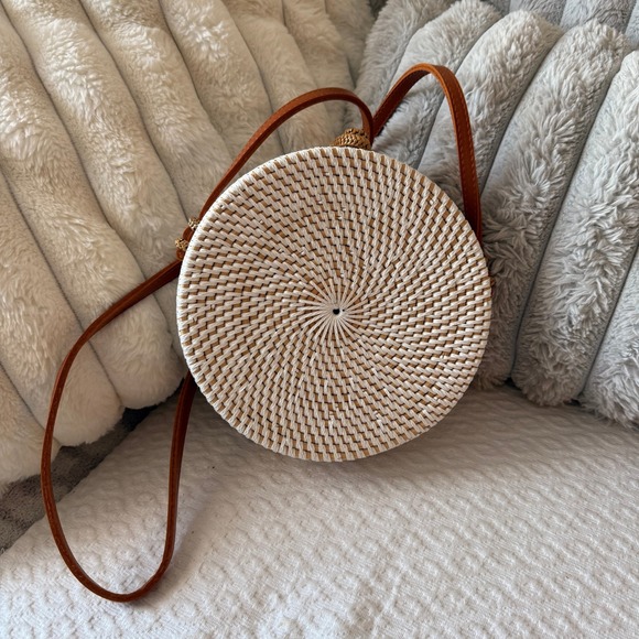 Anthropologie Rattan Circle Bag Floral Print Woven Crossbody - Picture 2 of 6